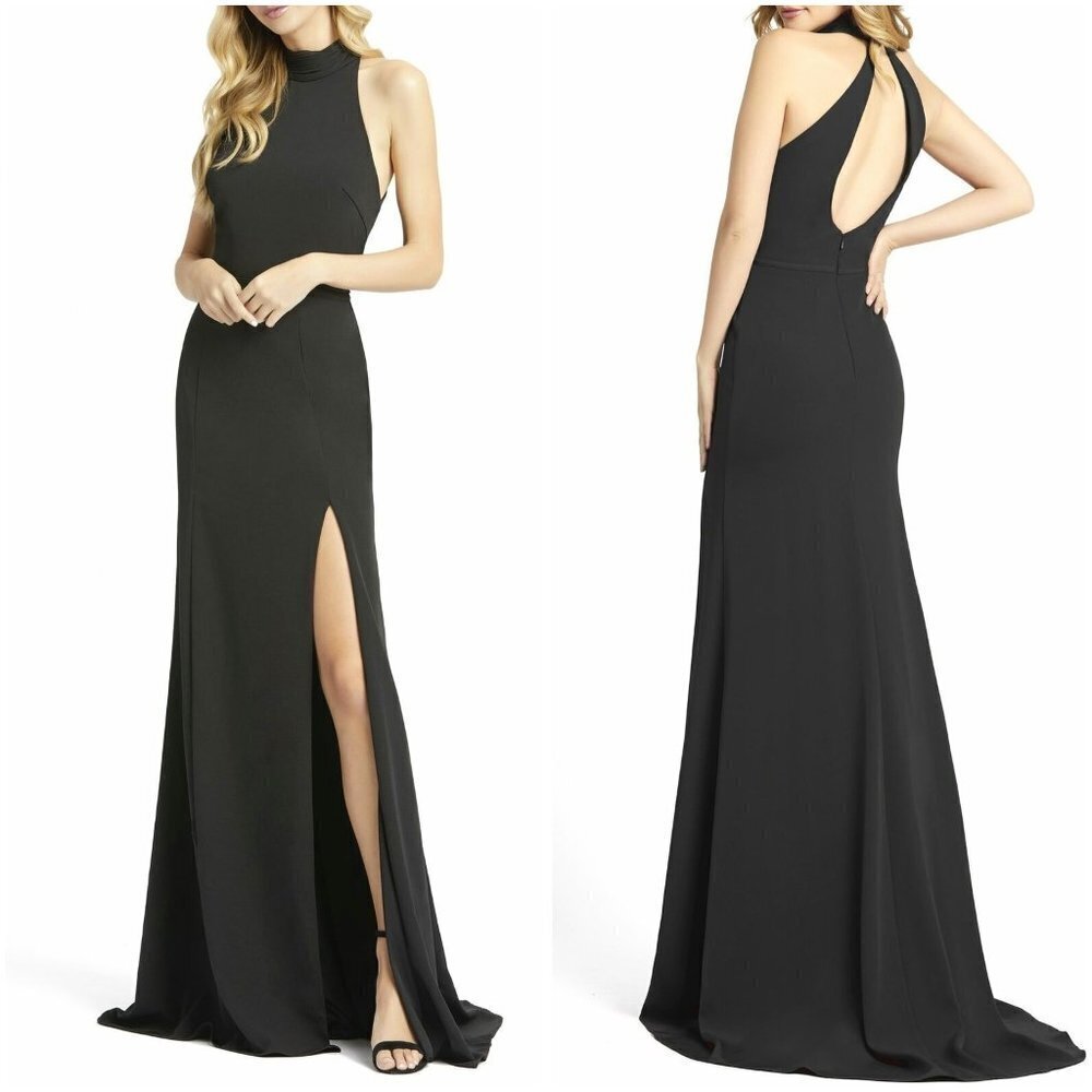 NWT Leena for Mac Duggal Black Halter Jersey Gown $338